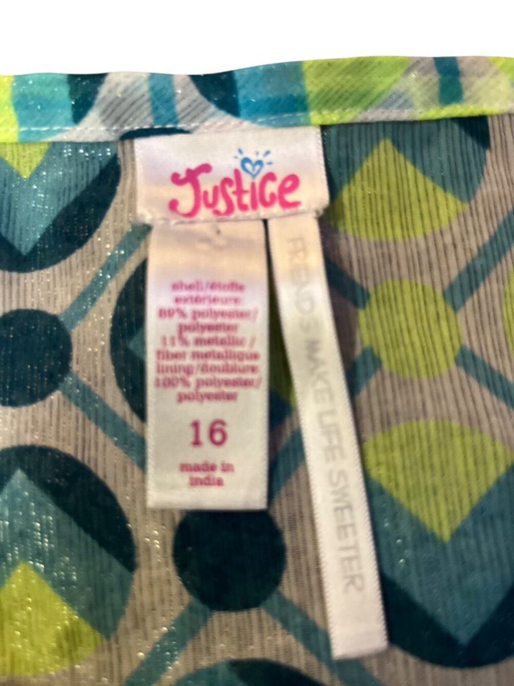 Justice Girls 16 Sleeveless Tiered Blouse Blue Lime Shimmer Ruffle Top Used - Picture 15 of 16